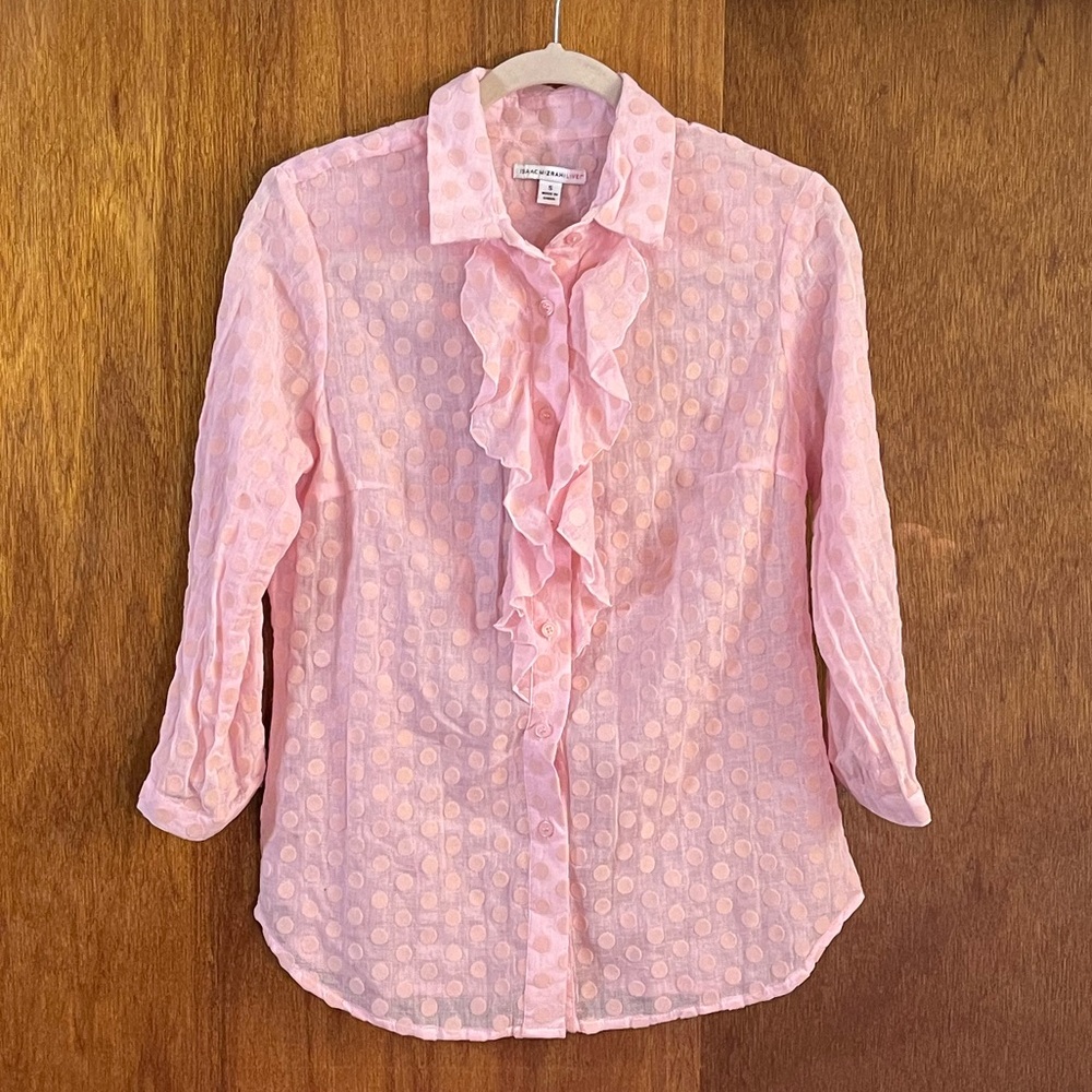 ISAAC MIZRAHI LIVE! Pale Pink Lightweight Ruffled Polka Dot Shirt Sz S